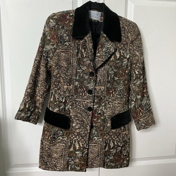 Vintage Holly Blazer Floral Tapestry Velvet Womens 6 Abstract Long Line 90s 80s - Picture 1 of 8